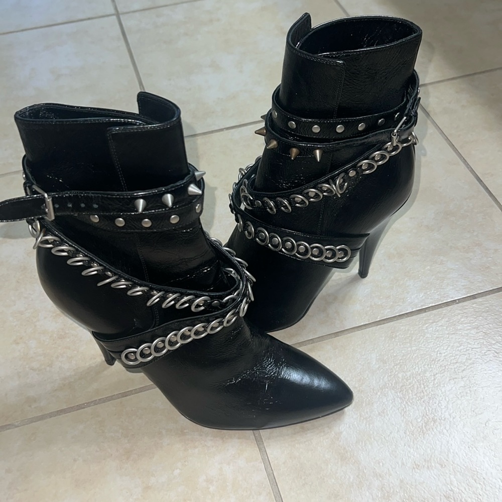 YSL black Leather Booties with studs and chains.